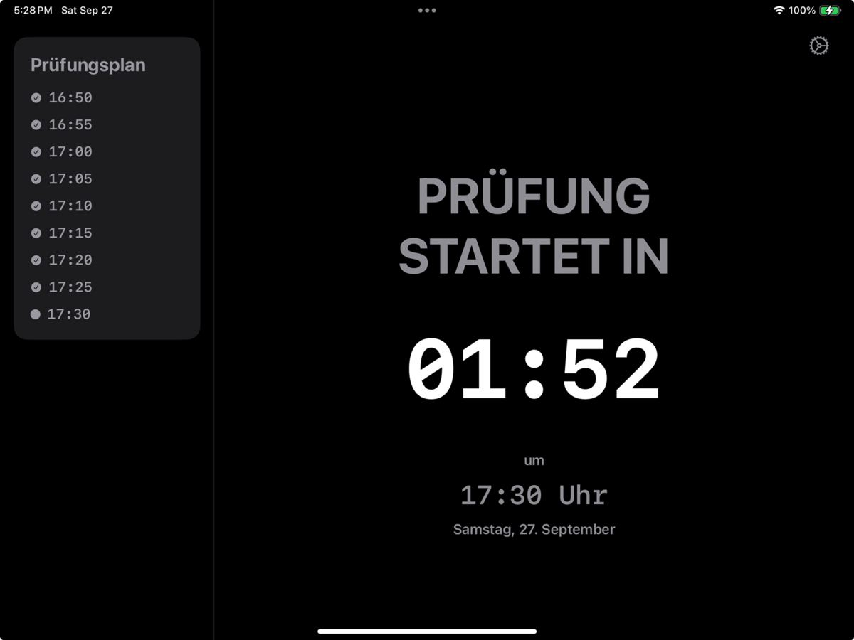 Encounter auf dem iPad: grosser Countdown «Prüfung startet in 01:52» bis zum Termin um 17:30 Uhr; links der Plan der Zone mit allen Startzeiten.