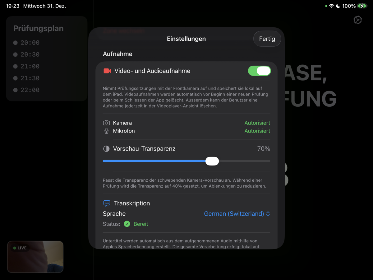 Einstellungen der iPad-App: Video- und Audioaufnahme eingeschaltet, Kamera und Mikrofon erlaubt, Transkription auf Deutsch (Schweiz) bereit.
